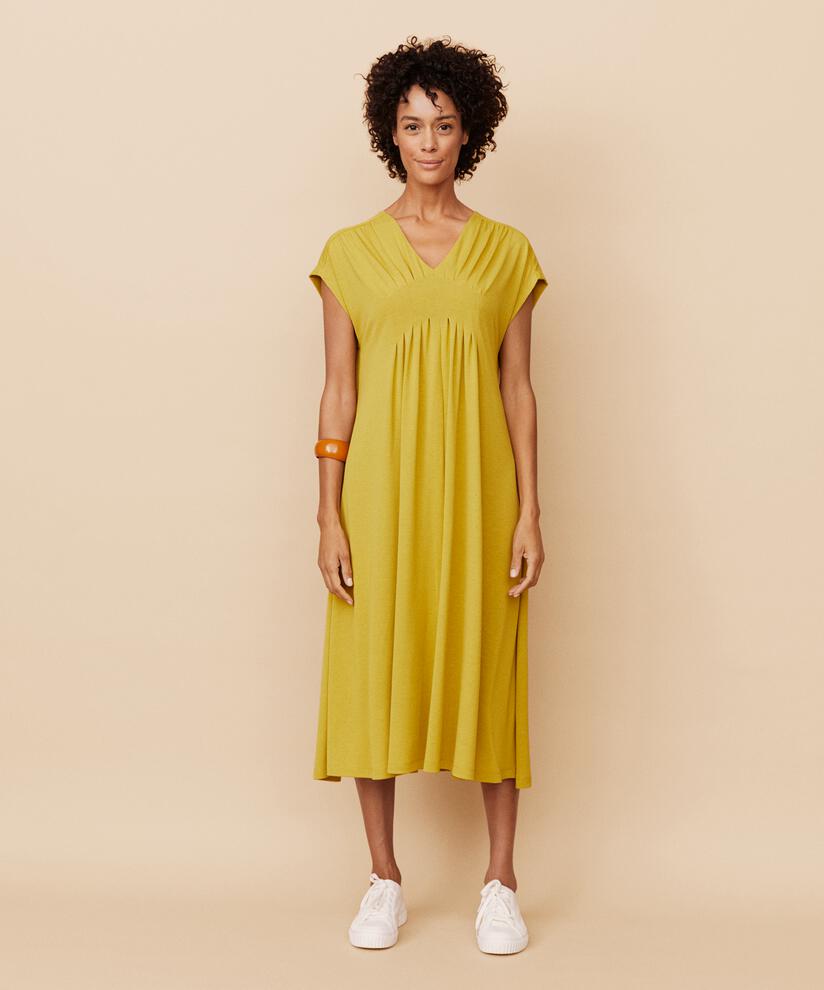 kurzärmliges Jerseykleid mit femininen Falten, Burnish Gold