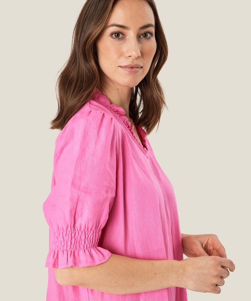 kurzärmliges Leinenkleid mit gerüschtem Ausschnitt, Azalea Pink
