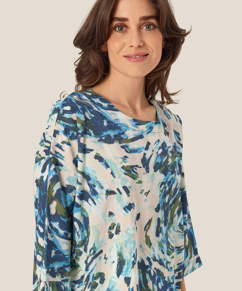 bedruckte Bluse mit 3/4-Ärmeln und Rundhals, Cendre Blue