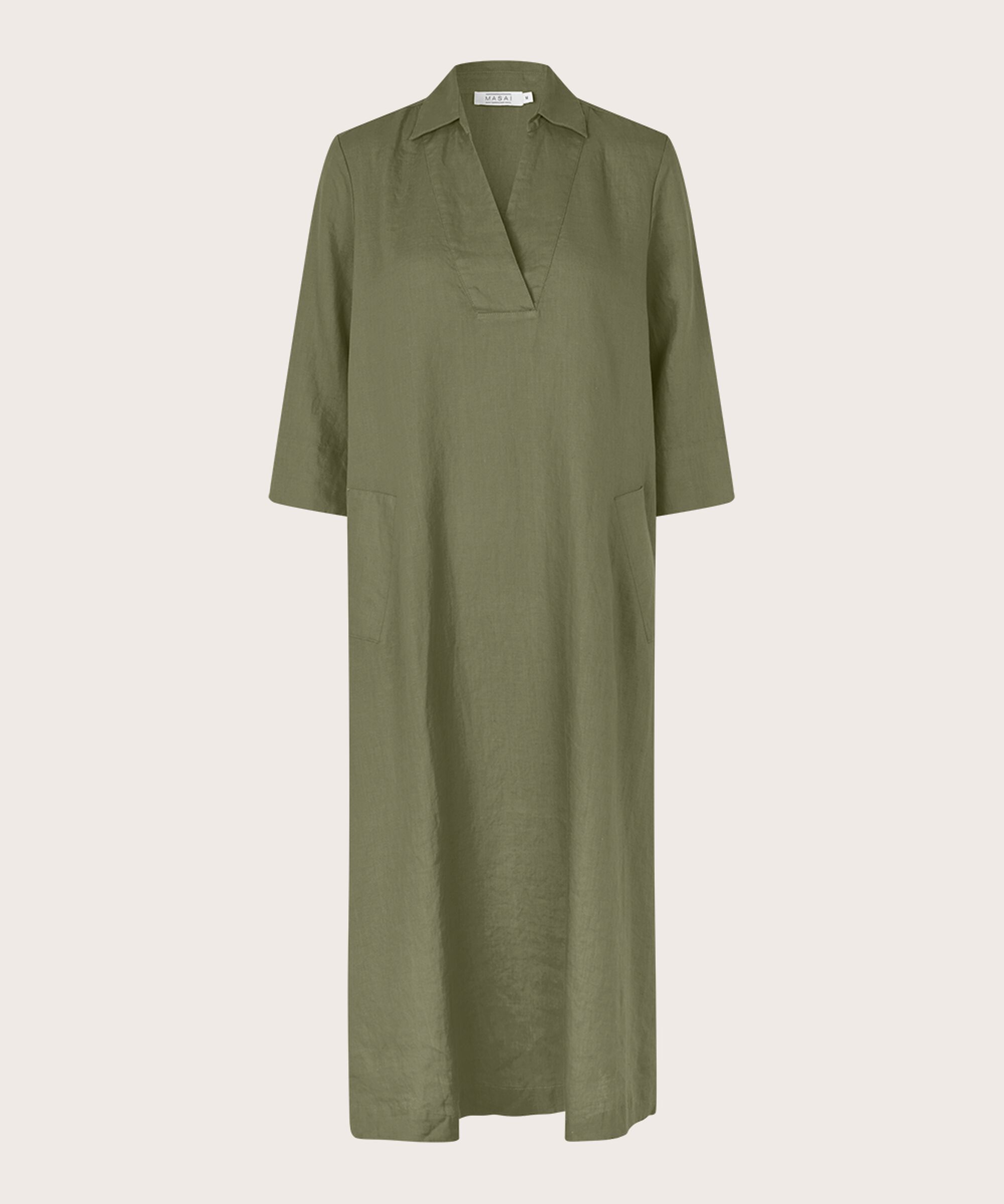 Leinenkleid mit V-Ausschnitt und Taschen, D. Lichen Green
