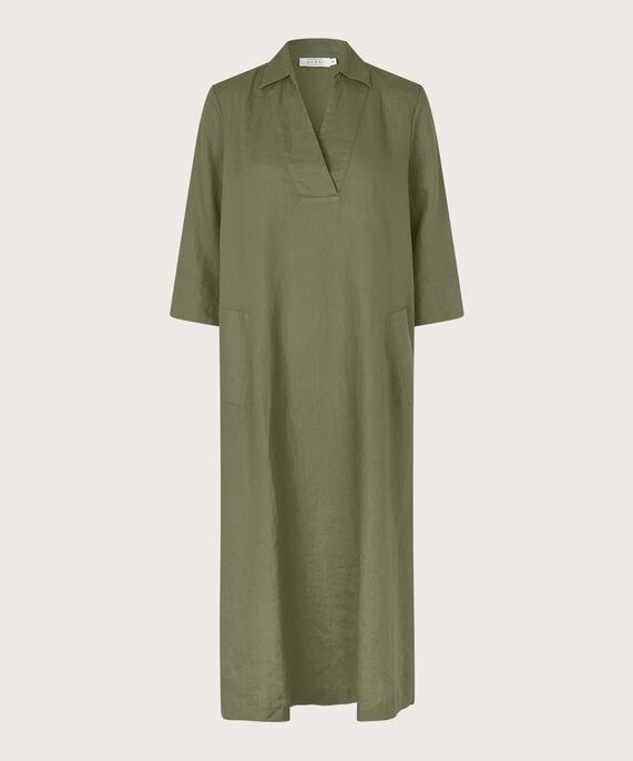 Leinenkleid mit V-Ausschnitt und Taschen, D. Lichen Green