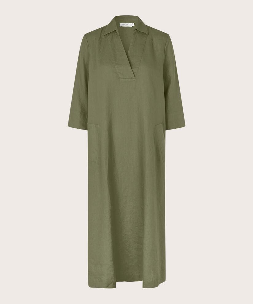 Leinenkleid mit V-Ausschnitt und Taschen, D. Lichen Green