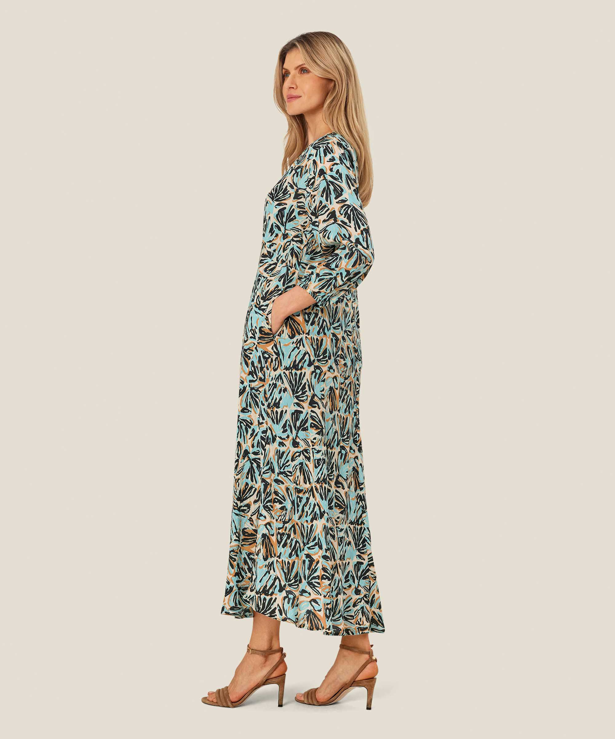 Viskosekleid mit 3/4 Ärmeln und V-Ausschnitt, Aqua