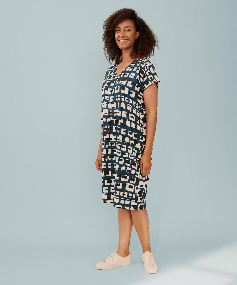 Kleid aus bedruckter Viskose mit V-Ausschnitt, Reflect Pond