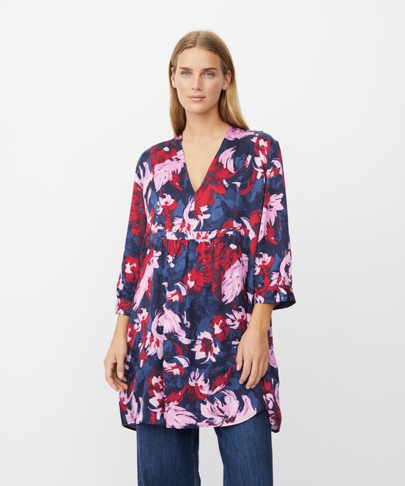 Geblümte Viskose-tunika Mit V-ausschnitt, Scarlet Sage