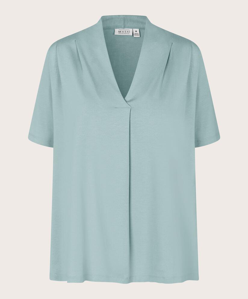 T-Shirt mit V-Ausschnitt und Drapierungen, Blue Haze