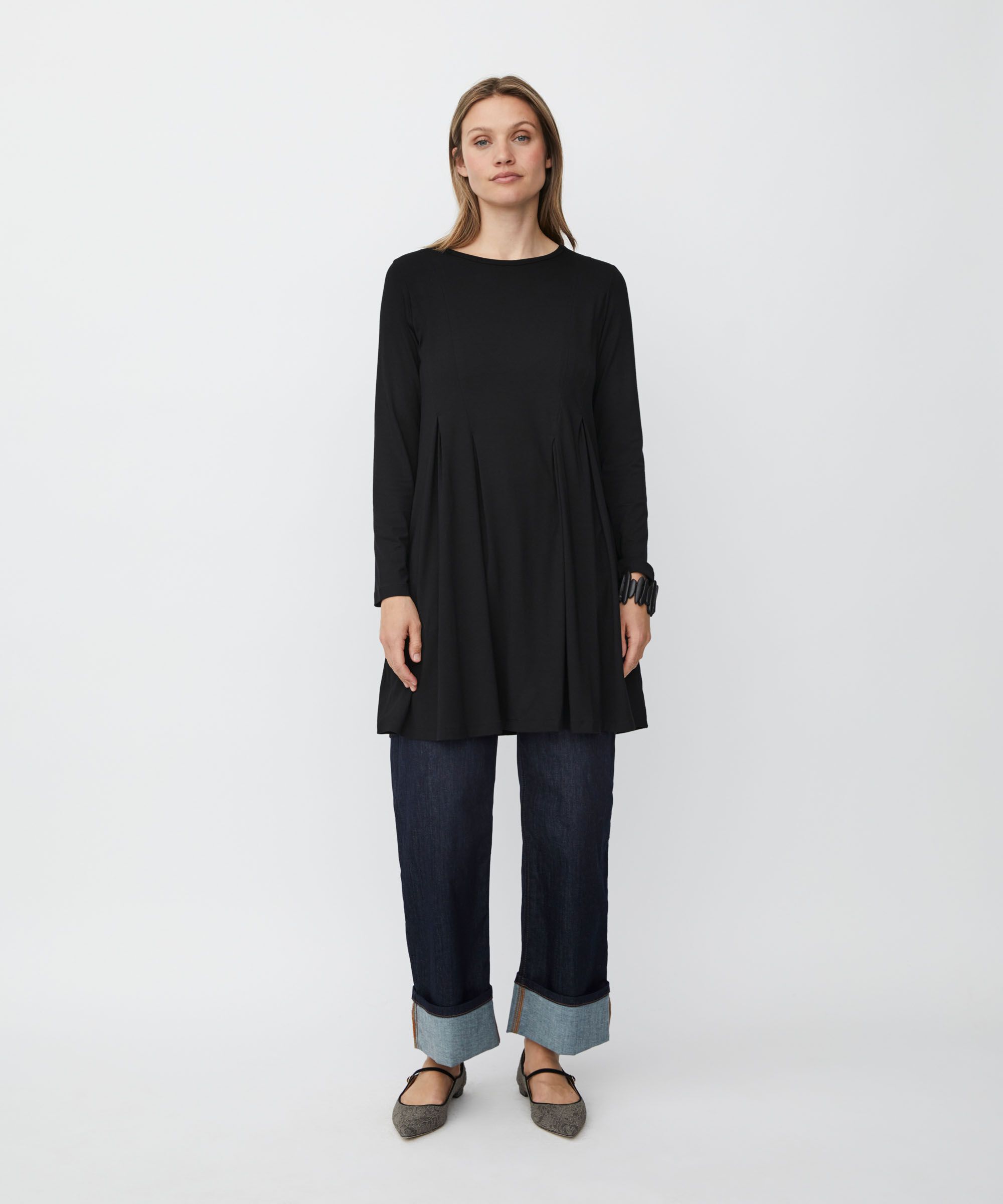 Jersey-Tunika mit Falten und Eingrifftaschen, Black