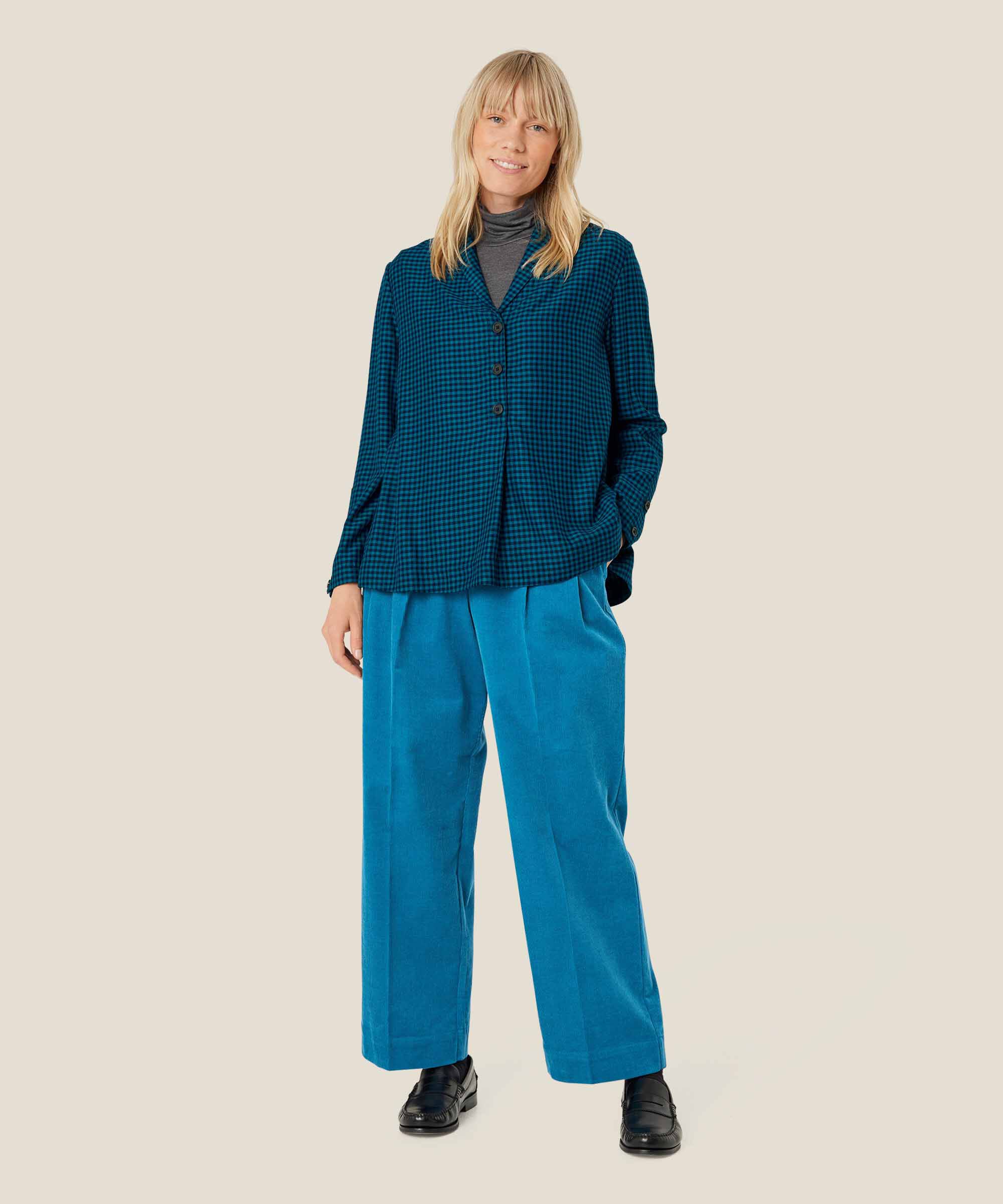 Karierte Viskosebluse mit Knopfdetail, Celestial