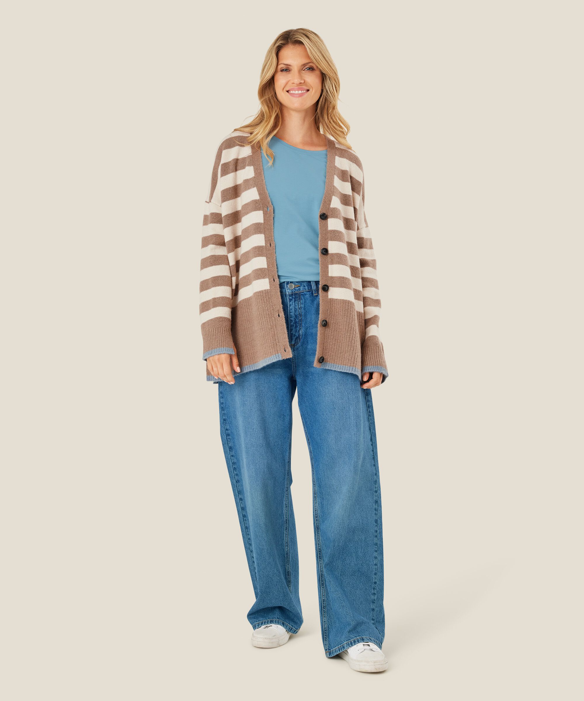 Gestreifter Cardigan mit Rippdetails, Mink/ash/whc