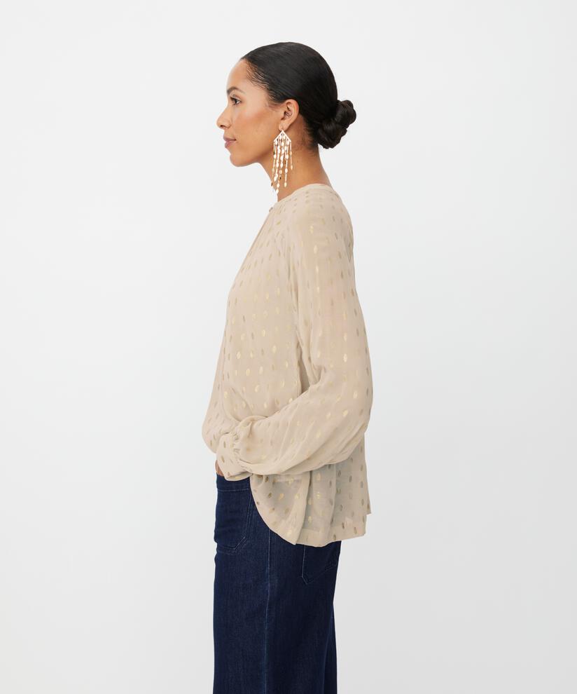 Leicht transparente Bluse mit goldenen Punkten und Knopf am Hals, Oxford Tan