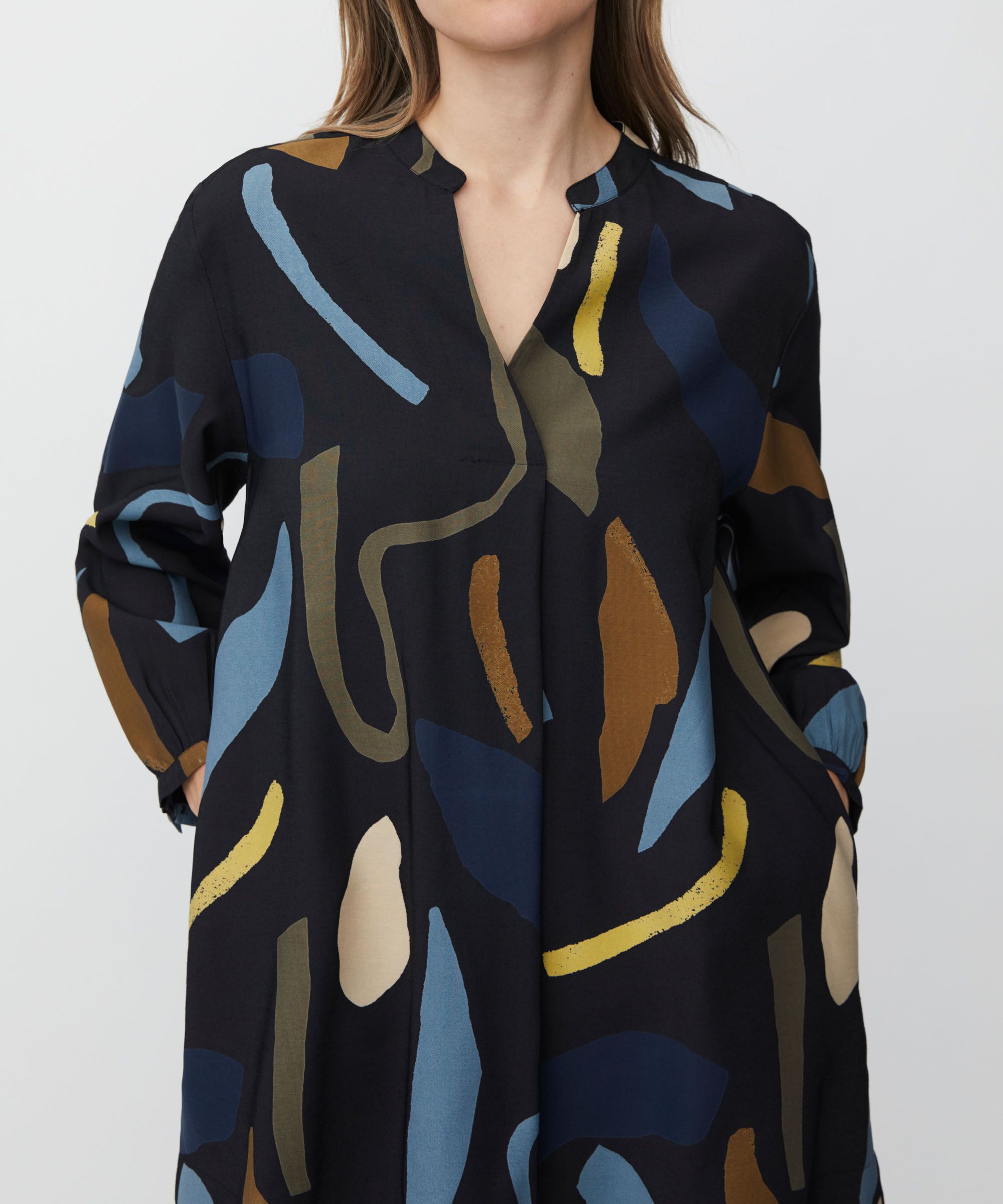 bedruckte Tunika mit V-Ausschnitt und Eingrifftaschen, Proven Blue