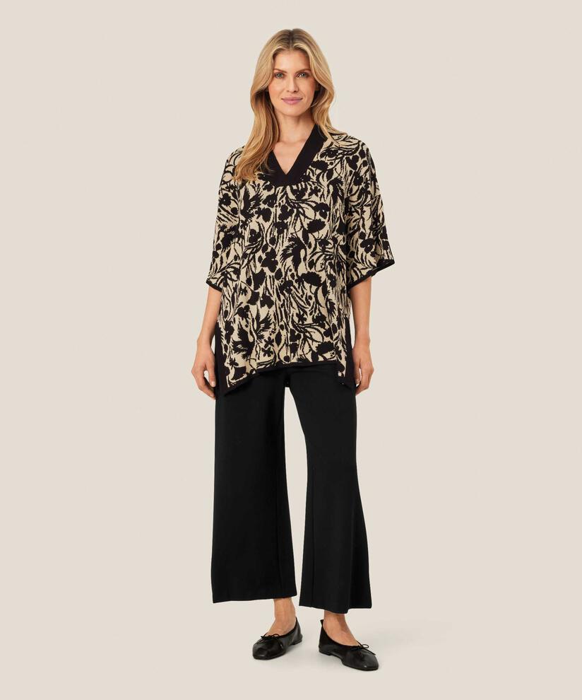 Blumenstrickpullover mit kontrastierendem Ausschnitt, Black