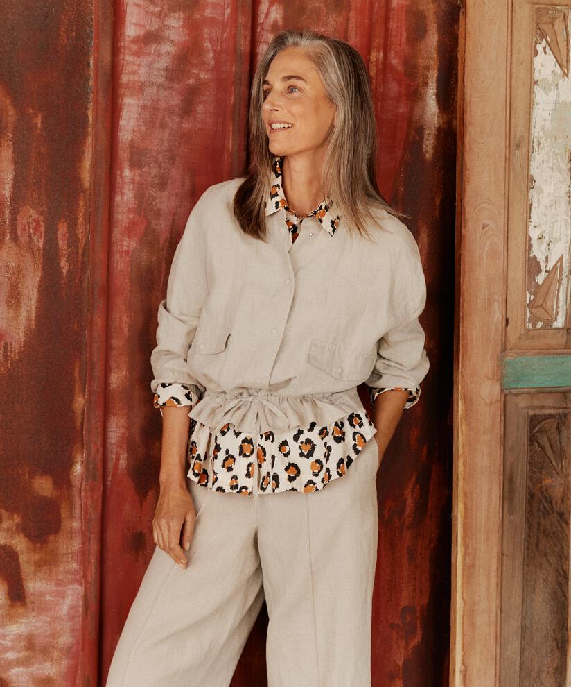 Leinenjacke mit Bindeband in der Taille, Natural