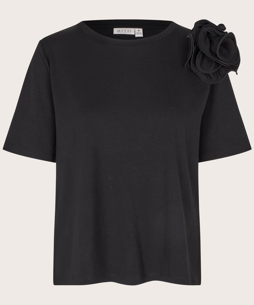 T-Shirt mit abnehmbarer Blumenbrosche, Black