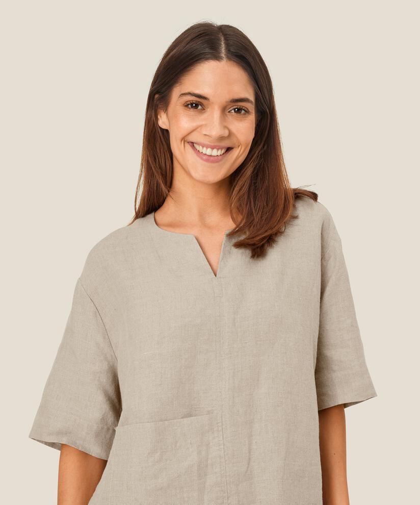 Bluse aus Leinen mit Vordertasche, Natural