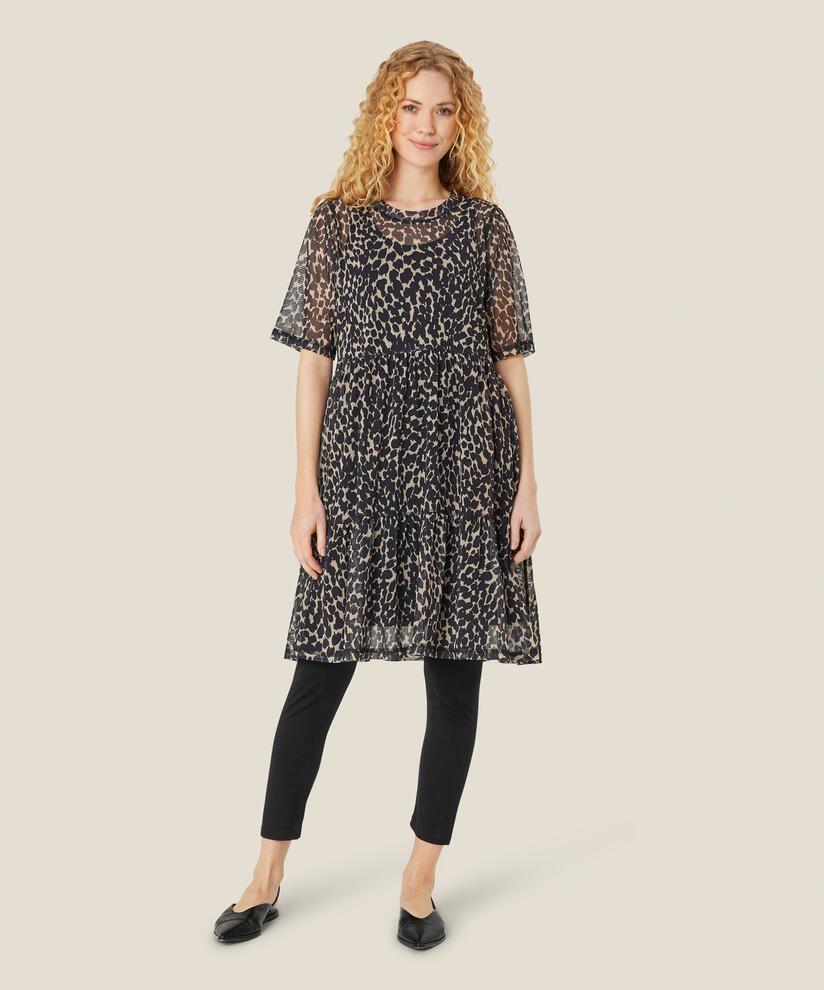 Mesh-Kleid mit Leopardenprint und kurzen Ärmeln, Black
