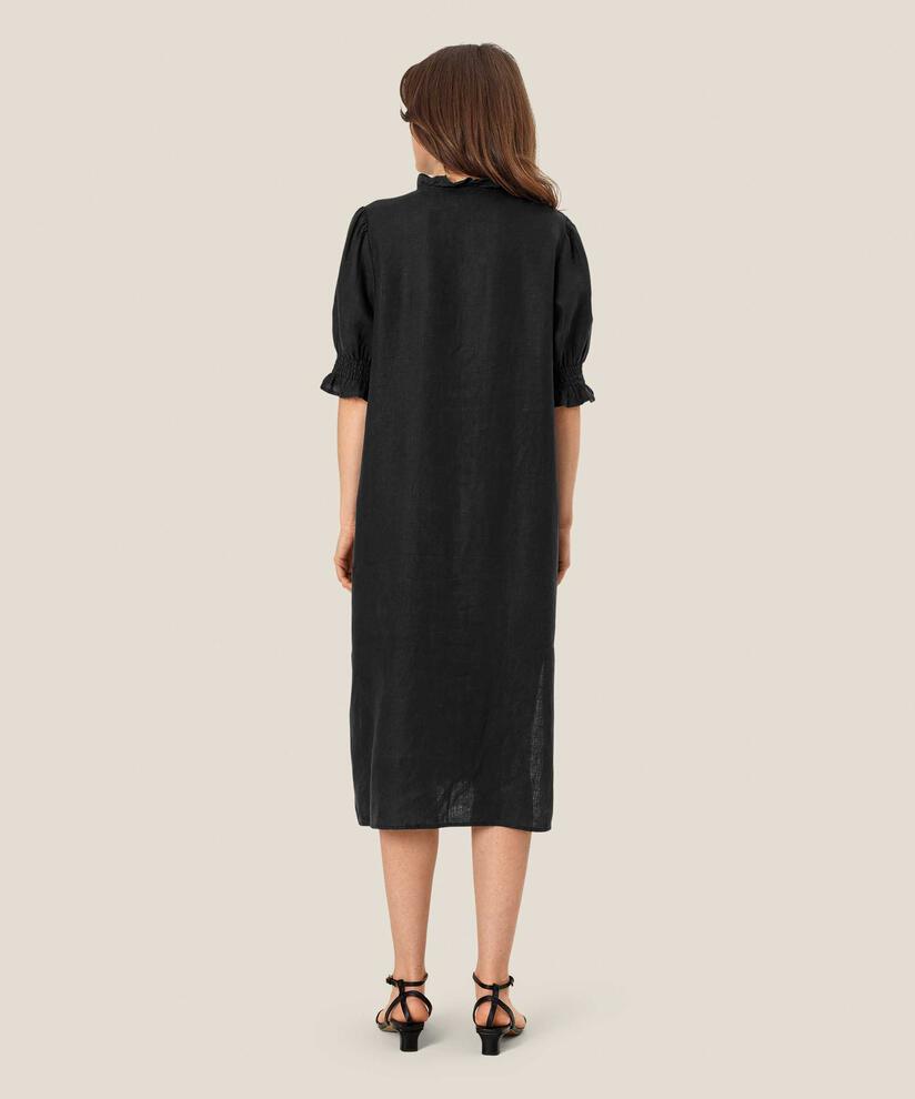 kurzärmliges Leinenkleid mit gerüschtem Ausschnitt, Black