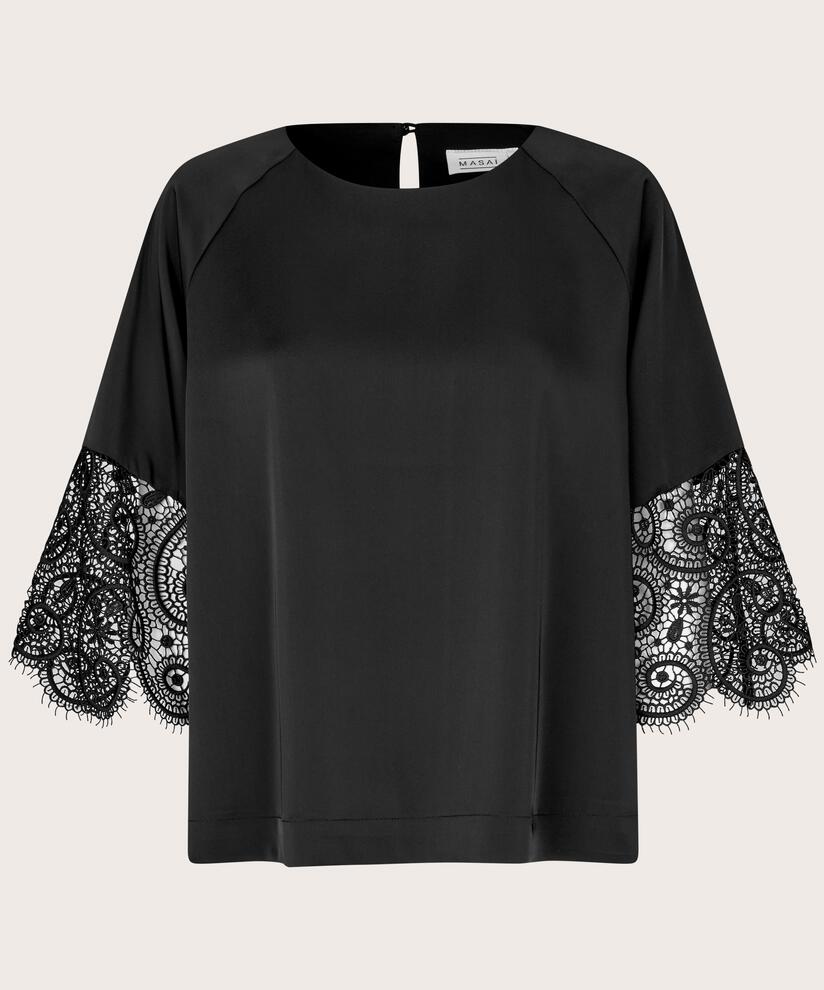 Bluse mit Spitzenärmeln, Black