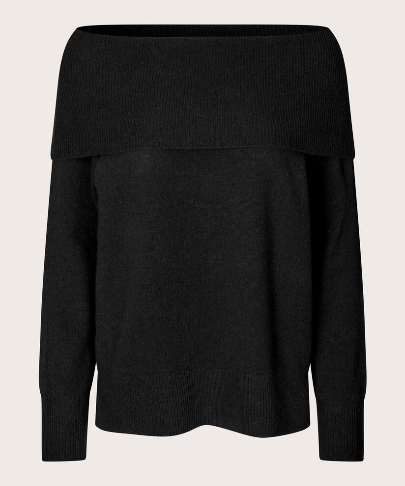 schulterfreier Strickpullover mit gerippten Kanten, Black