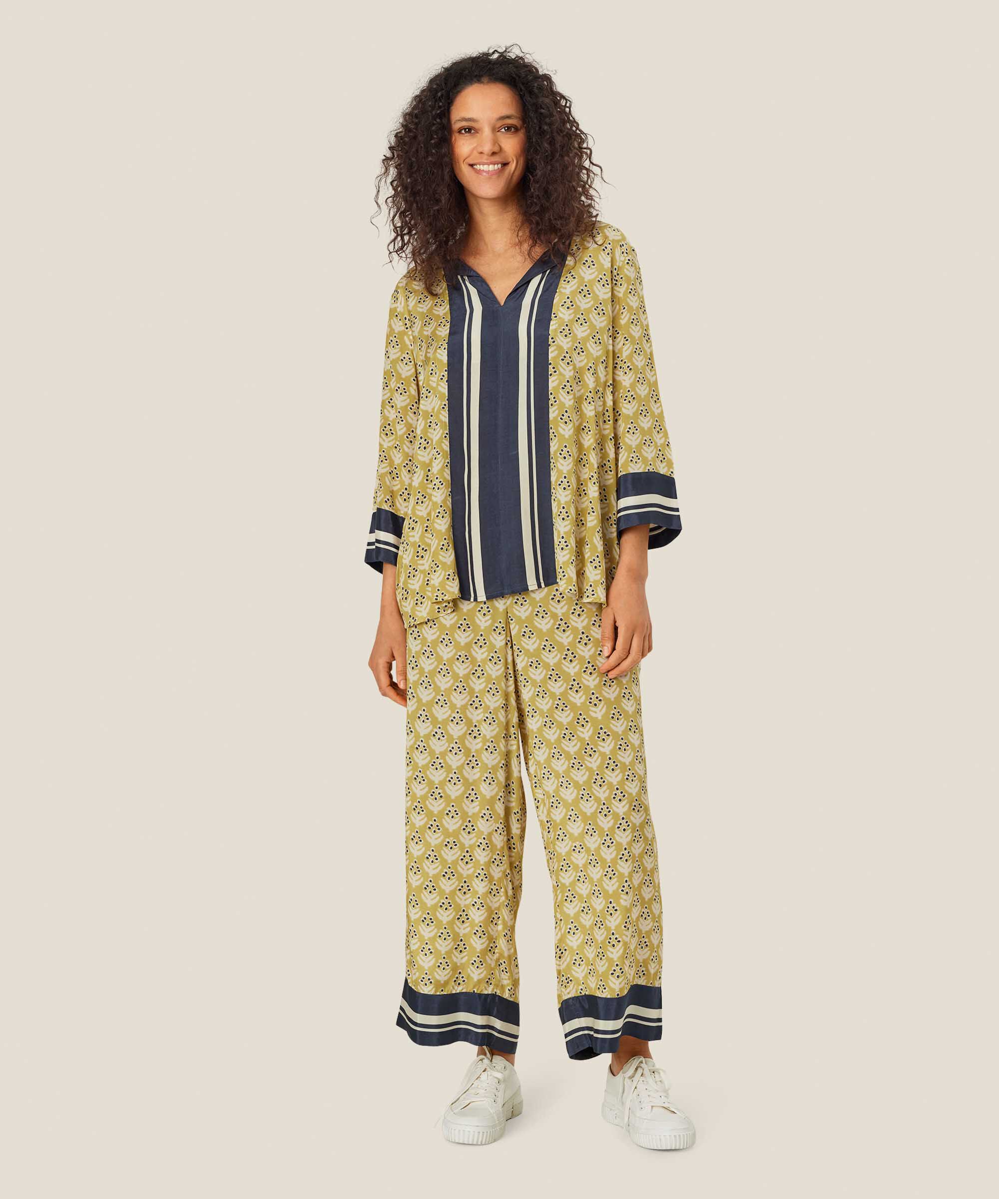 bedruckte Viskosehose mit Eingrifftaschen und elastischem Bund, Burnish Gold