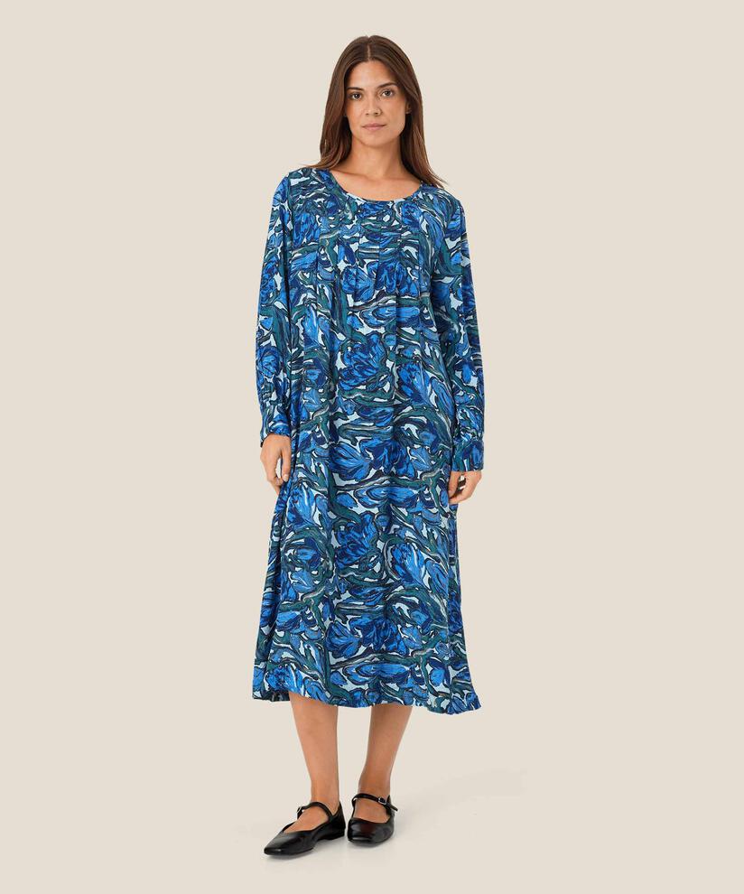 Bedrucktes Viskosekleid mit langen Ärmeln, Blue Fog