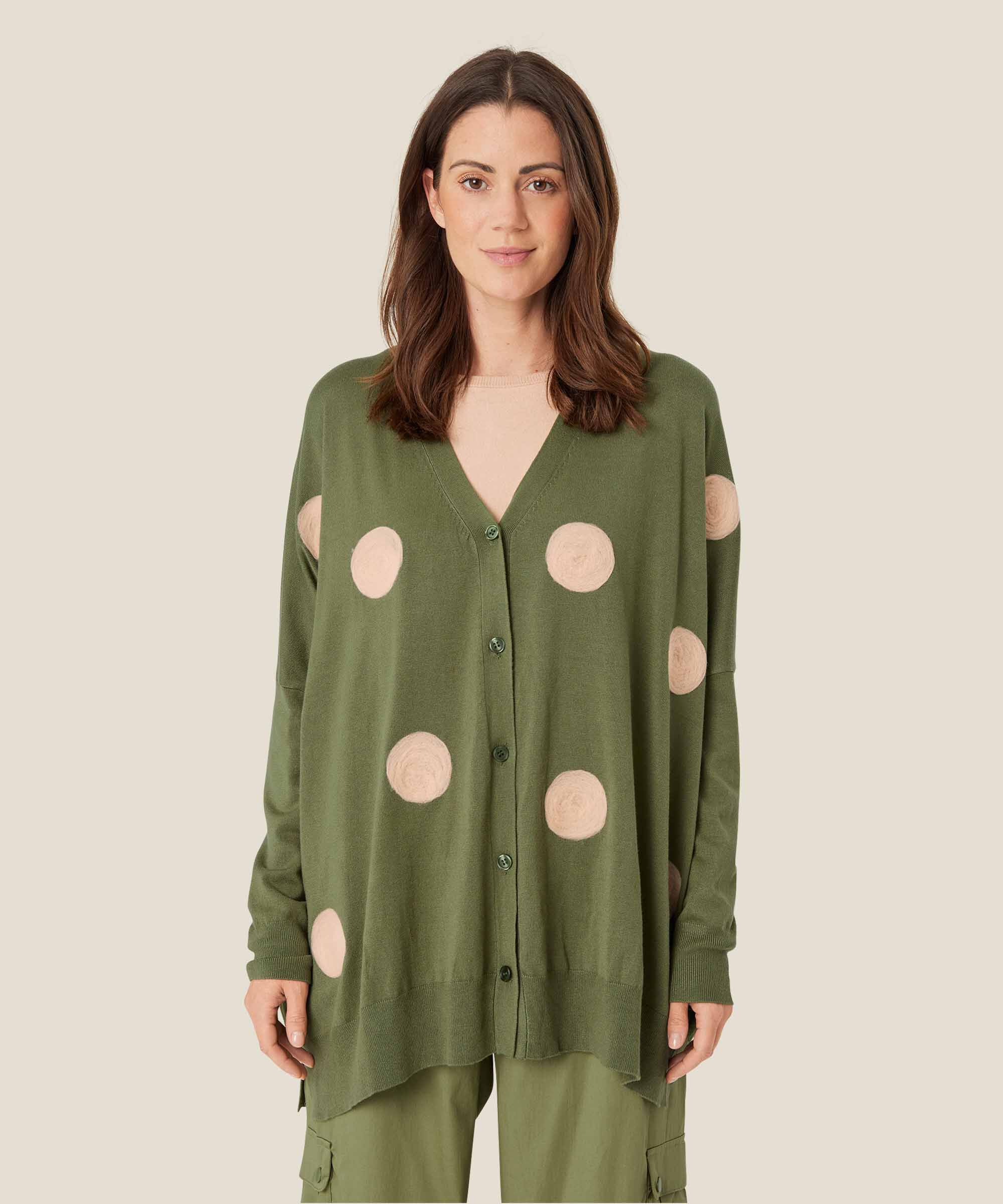 Feinstrick-Cardigan mit eingewebten Punkten, Loden Green