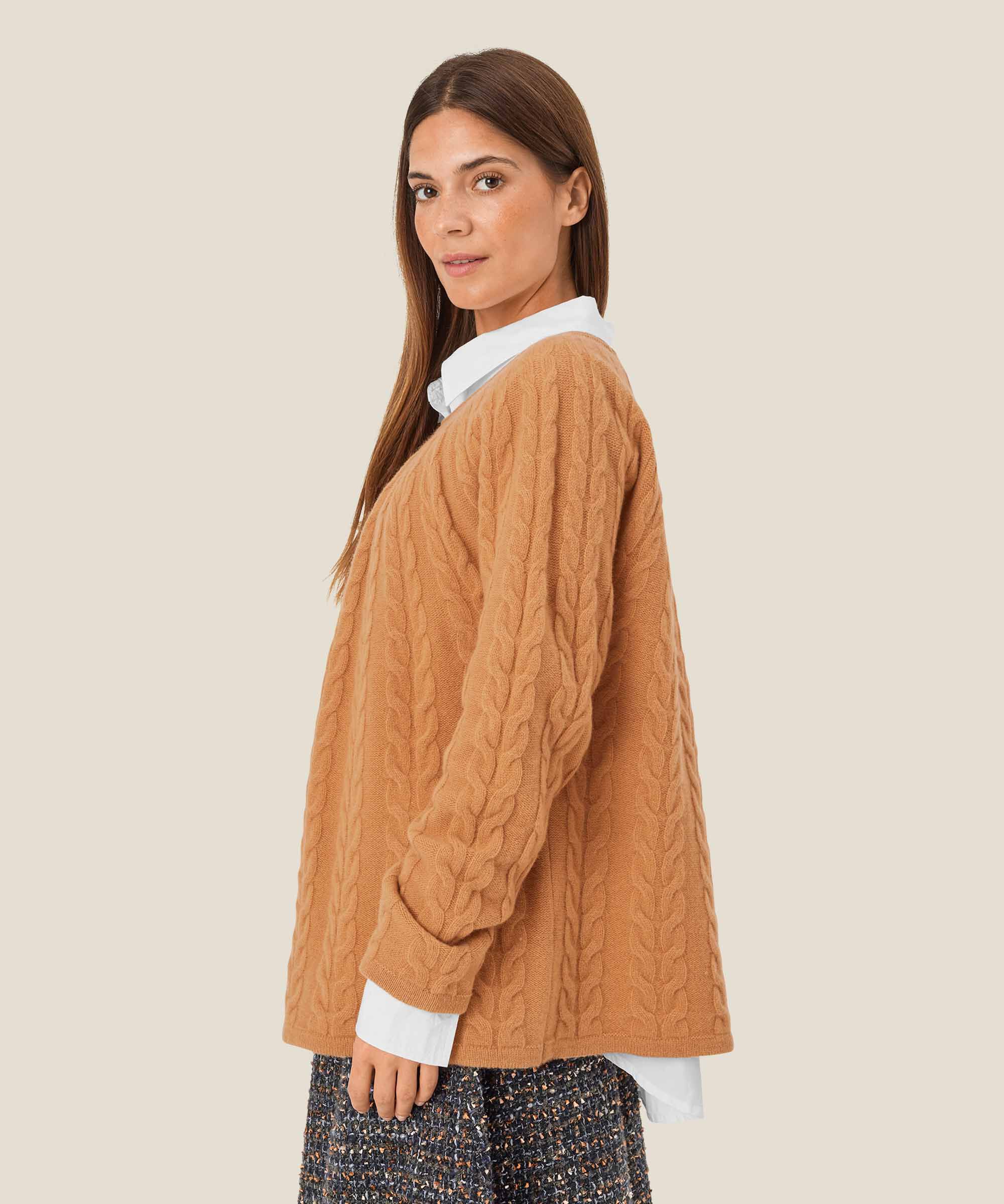 Pullover aus Wolle mit Zopfmuster, Bisquit