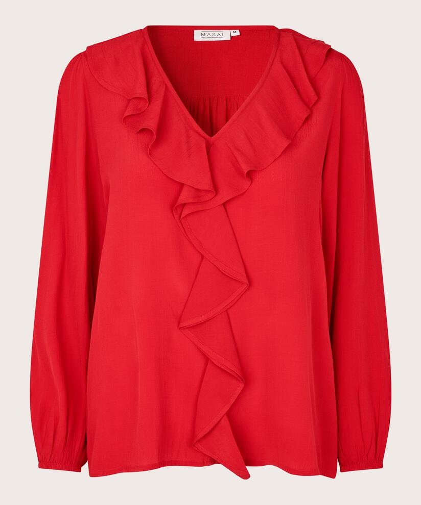 Viskosebluse mit V-Ausschnitt und Rüschen, Scarlet Sage