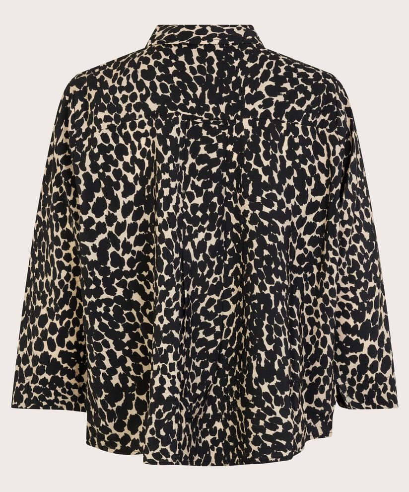 Baumwollhemdbluse mit Leopardenmuster und Dreiviertelärmeln, Black