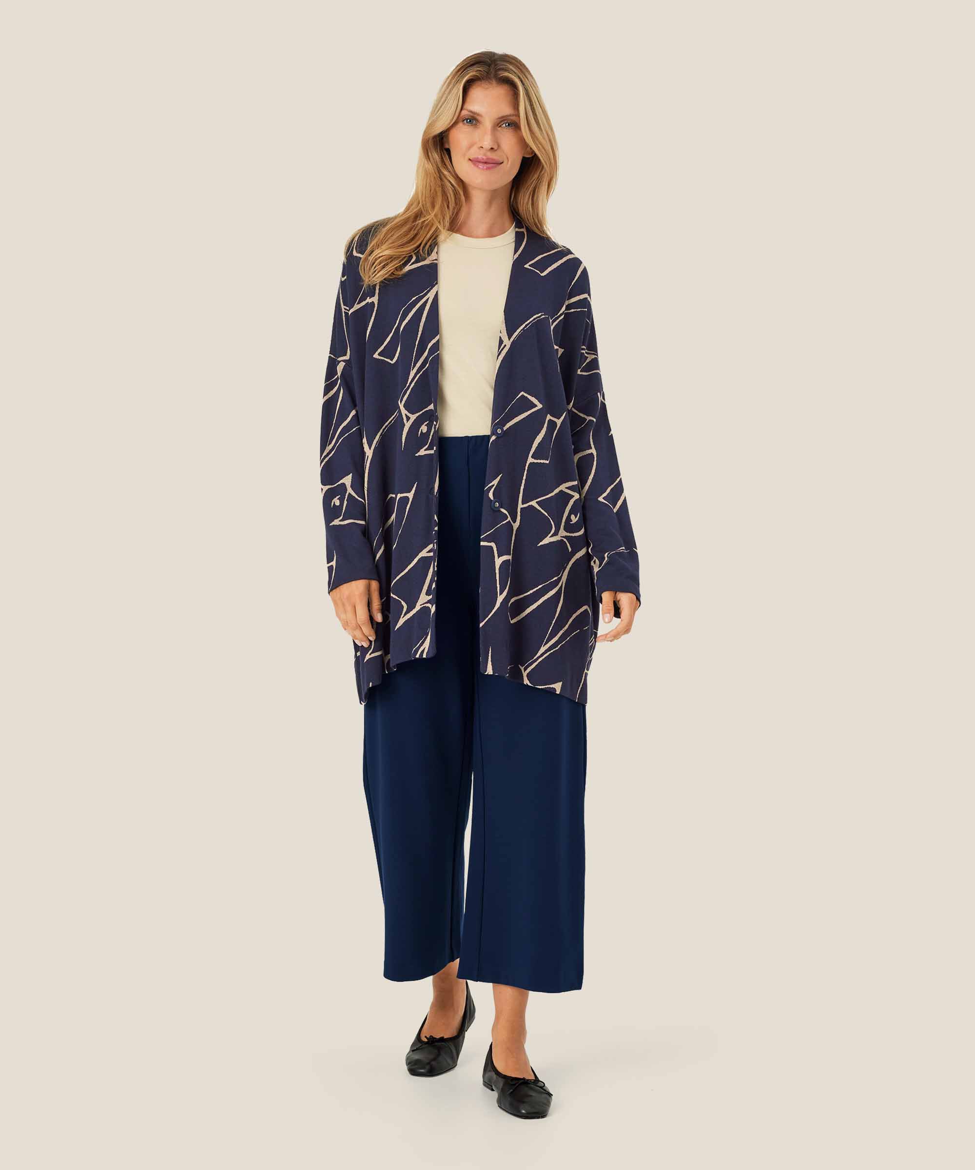Bedruckter Jersey-Cardigan mit schmalen Ärmeln, Navy Blazer