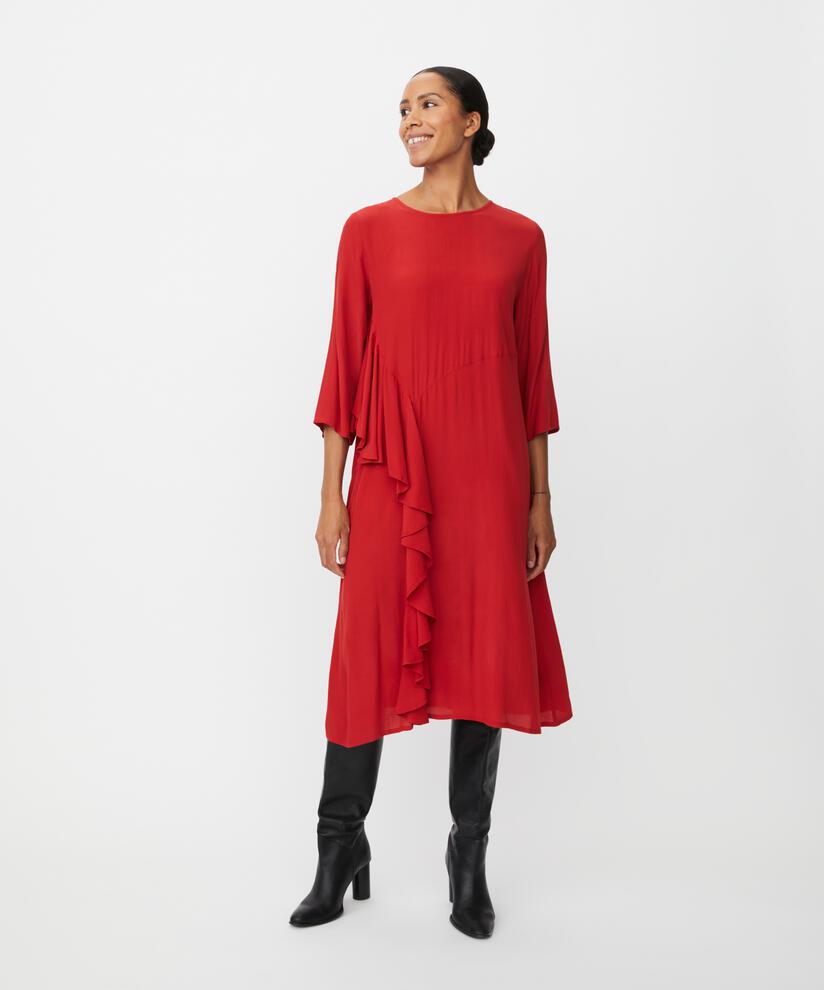 Viskosekleid mit Rundhalsausschnitt und Rüschen, Scarlet Sage