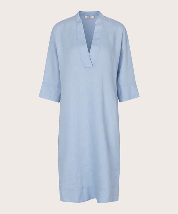 Leinenkleid mit tiefem V-Ausschnitt, Cel Blue