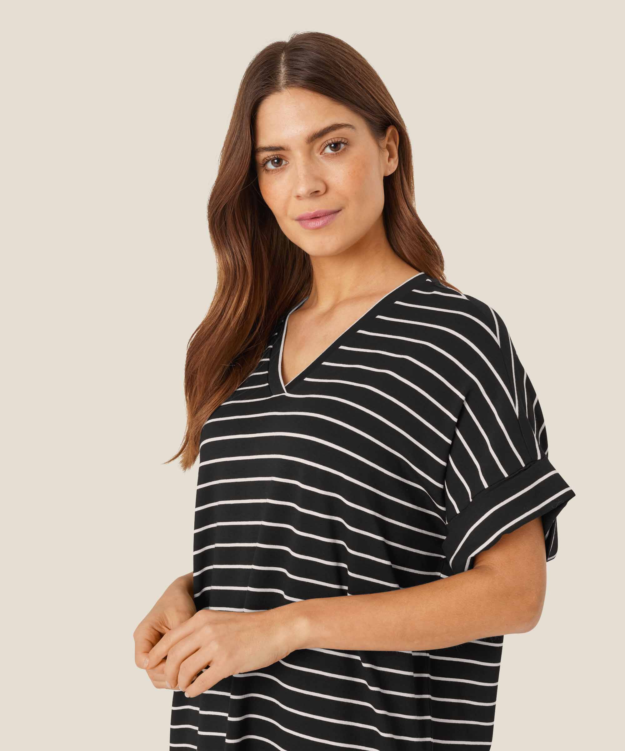 Gestreifte Jersey-Tunika mit V-Ausschnitt, Black