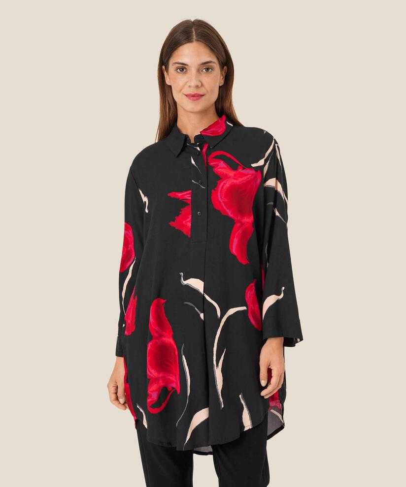Bedruckte Viskose-Tunika mit Knöpfen am Hals, Haute Red