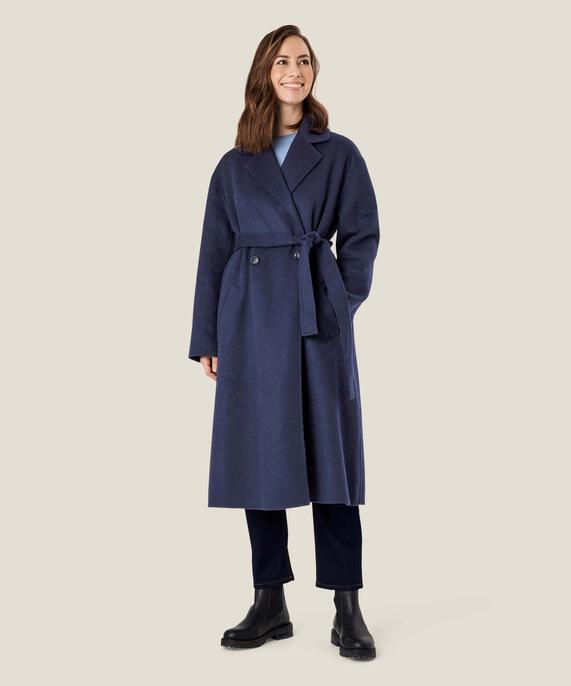 langer Wollmantel mit Bindebändern, Maritime Blue