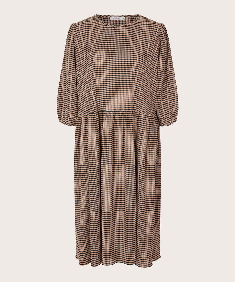 Kariertes Kleid mit weiten Ärmeln und Rundhalsausschnitt, Muted Clay