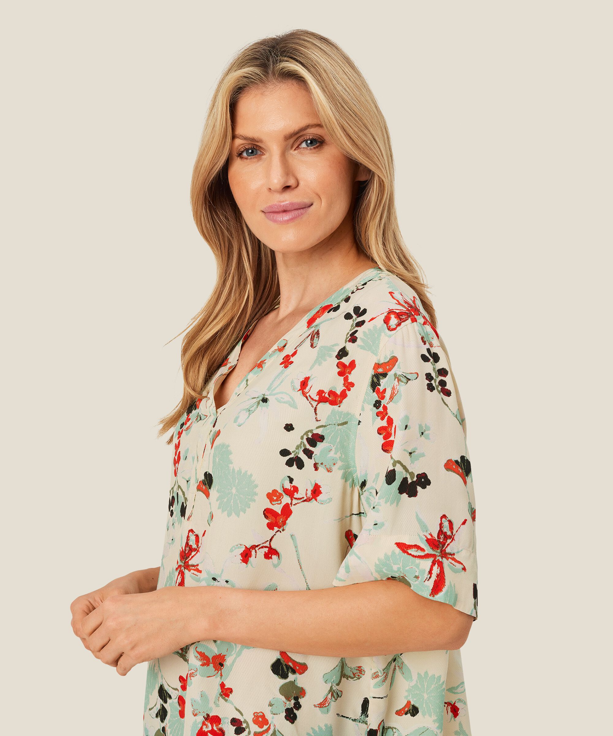 Bedruckte Viskosebluse mit V-Ausschnitt, Frosty Green