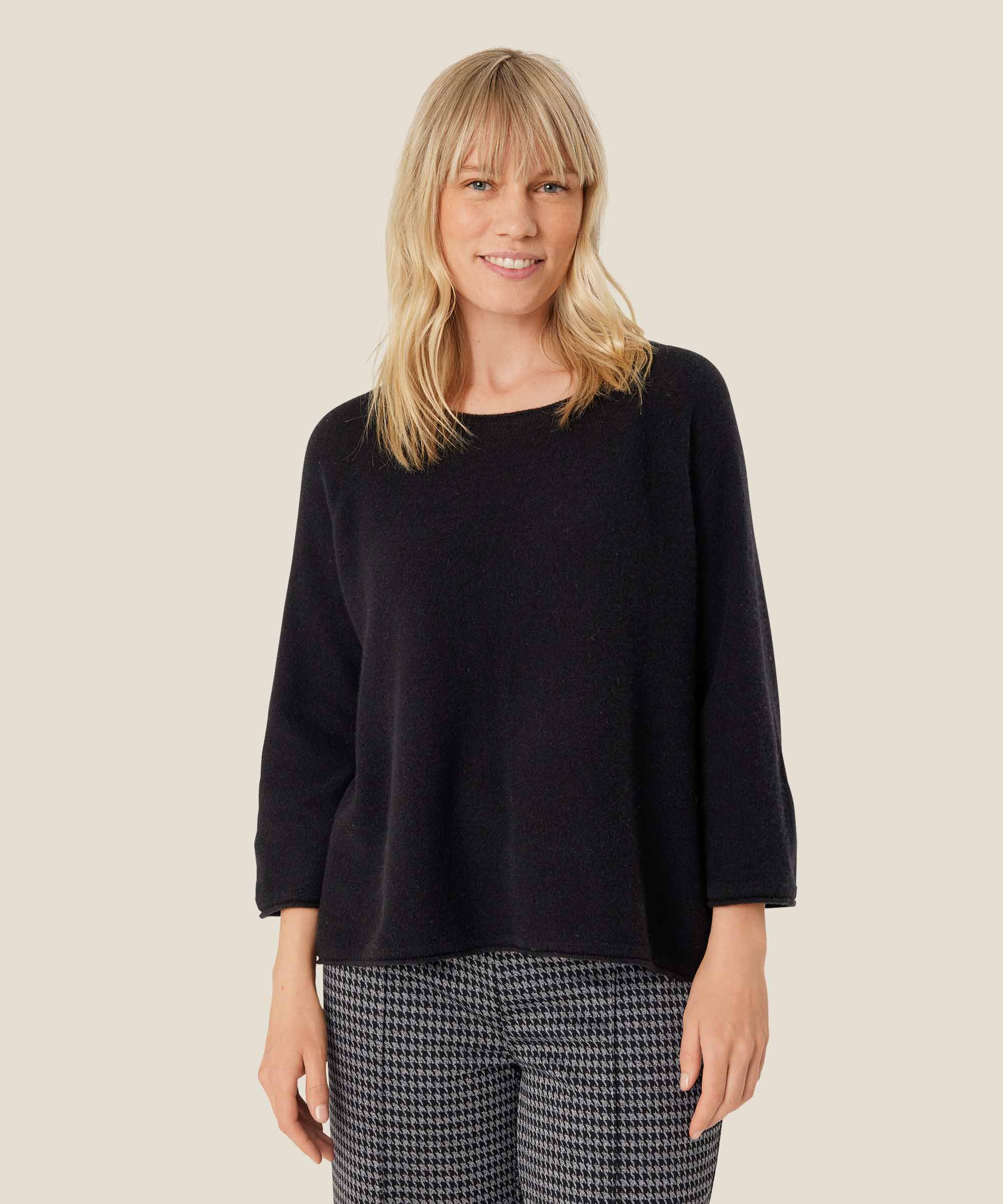Wollstrickpullover mit 3/4-Ärmeln, Black
