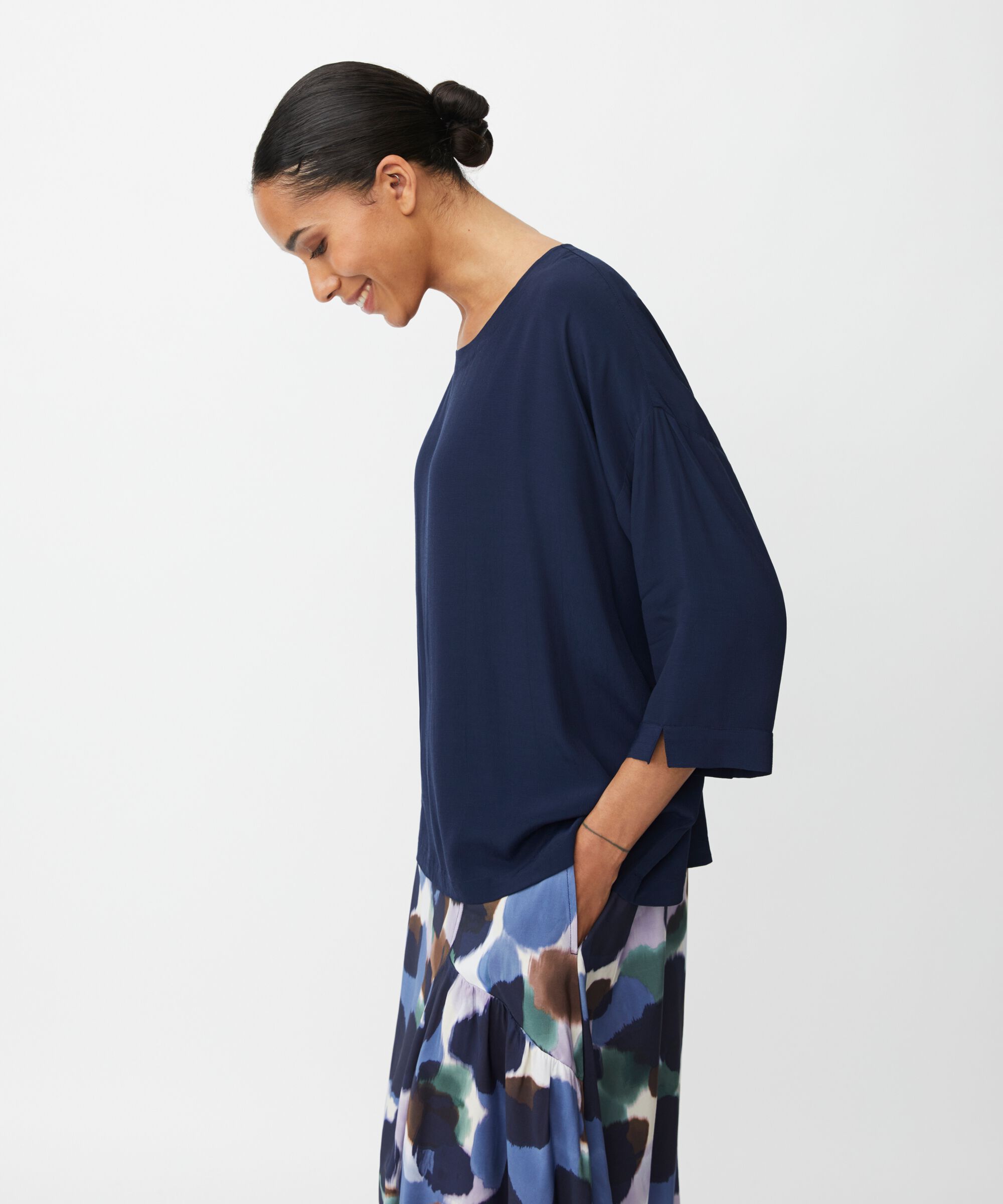 Viskosebluse Mit 3/4 Ärmeln, Navy Blazer