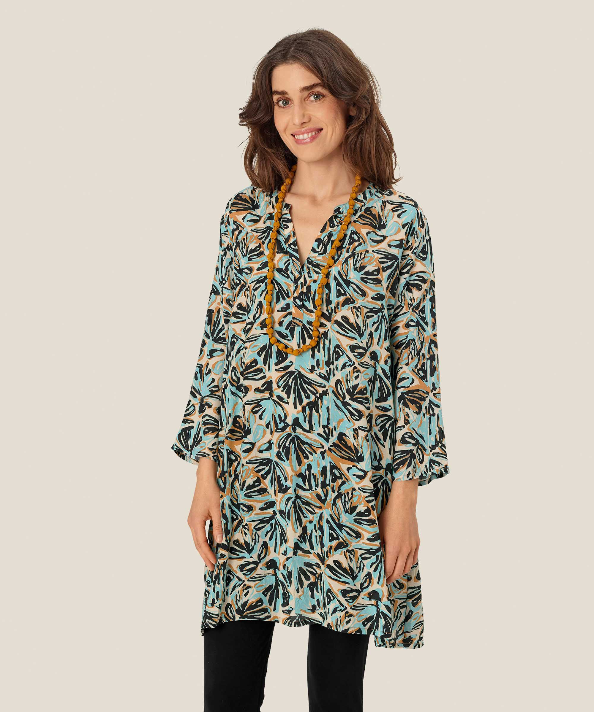 Bedruckte Viskose-tunika Mit 3/4-ärmeln, Aqua