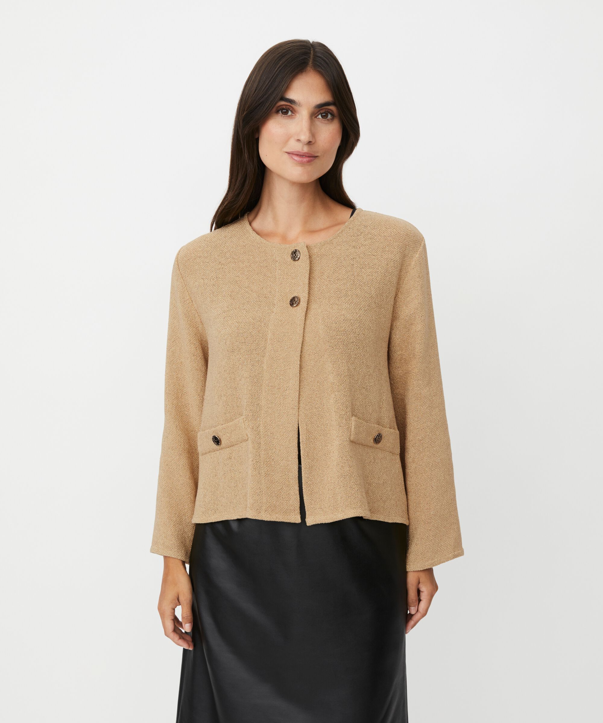 Bouclé-Jacke mit Taschen und goldenen Knöpfen, Travertine