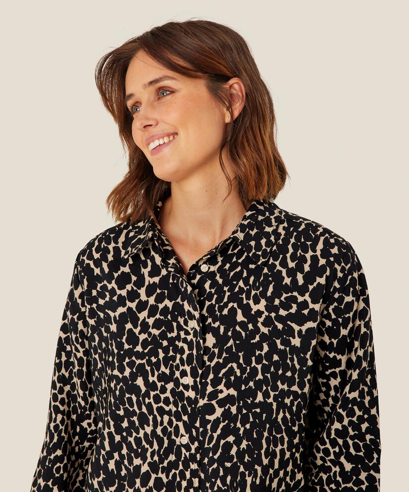 Baumwollhemdbluse mit Leopardenmuster und Dreiviertelärmeln, Black