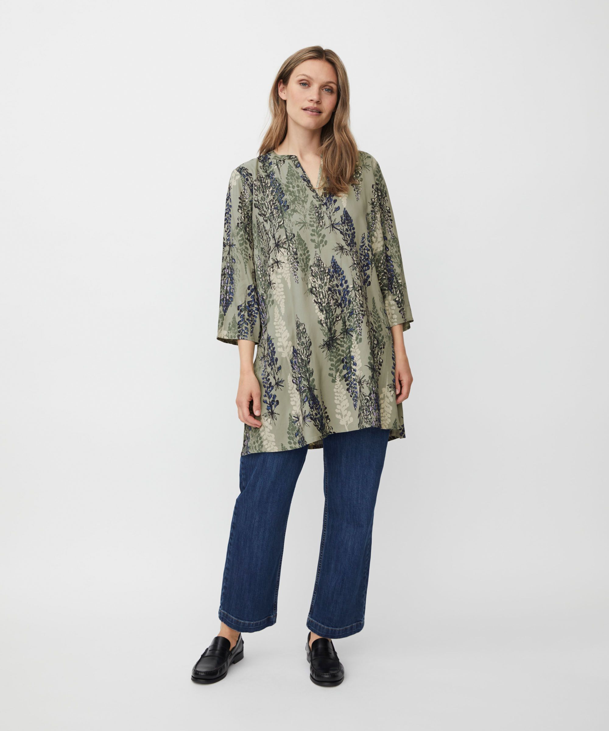 Bedruckte Viskose-tunika Mit 3/4-ärmeln, Seagrass