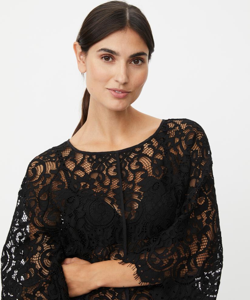transparente Spitzenbluse mit Fransen, Black