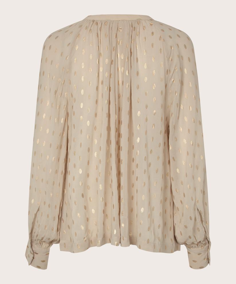 Leicht transparente Bluse mit goldenen Punkten und Knopf am Hals, Oxford Tan