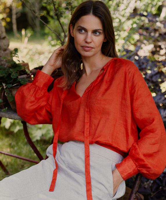 Leinenbluse mit Bindebändern am Hals, Orange com