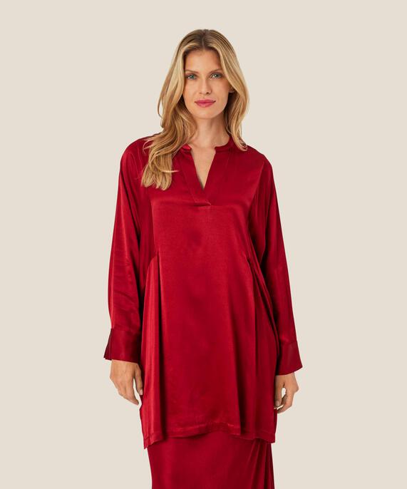 Tunika aus Viskosesatin mit tiefem V-Ausschnitt, Red Dahlia
