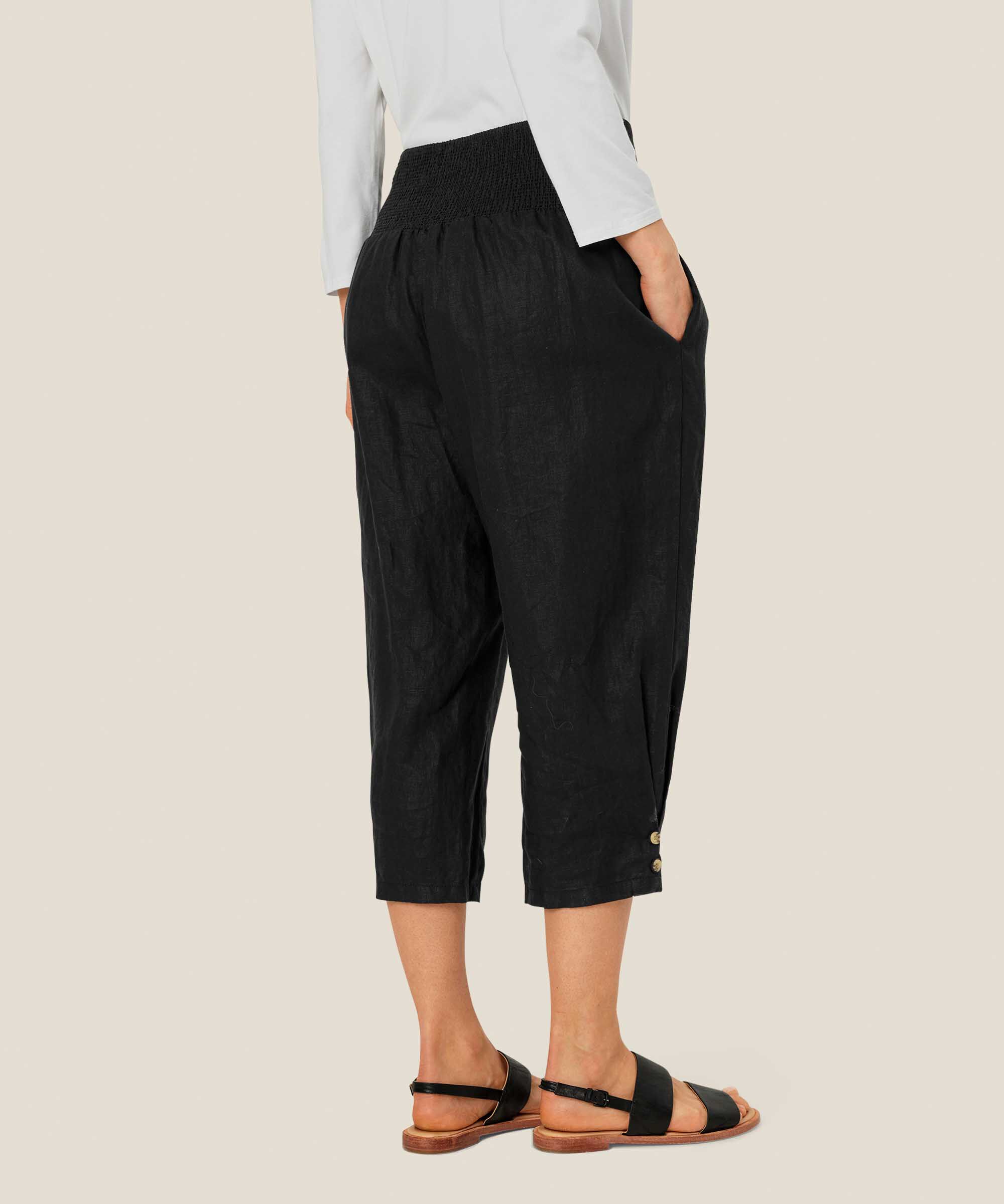 Leinenhose mit breitem, gesmoktem Gummizug hinten, Black