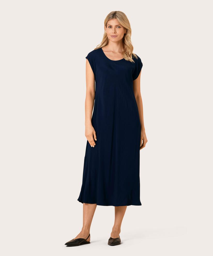 Viskosekleid mit Rundhalsausschnitt und kurzen Ärmeln, Navy