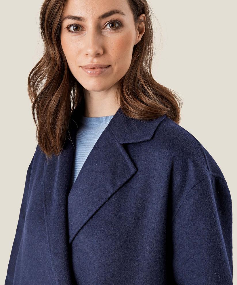 langer Wollmantel mit Bindebändern, Maritime Blue